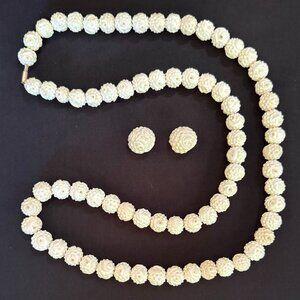Carved Vintage Meerschaum Creamy White Floral Necklace & Clip Earring Set